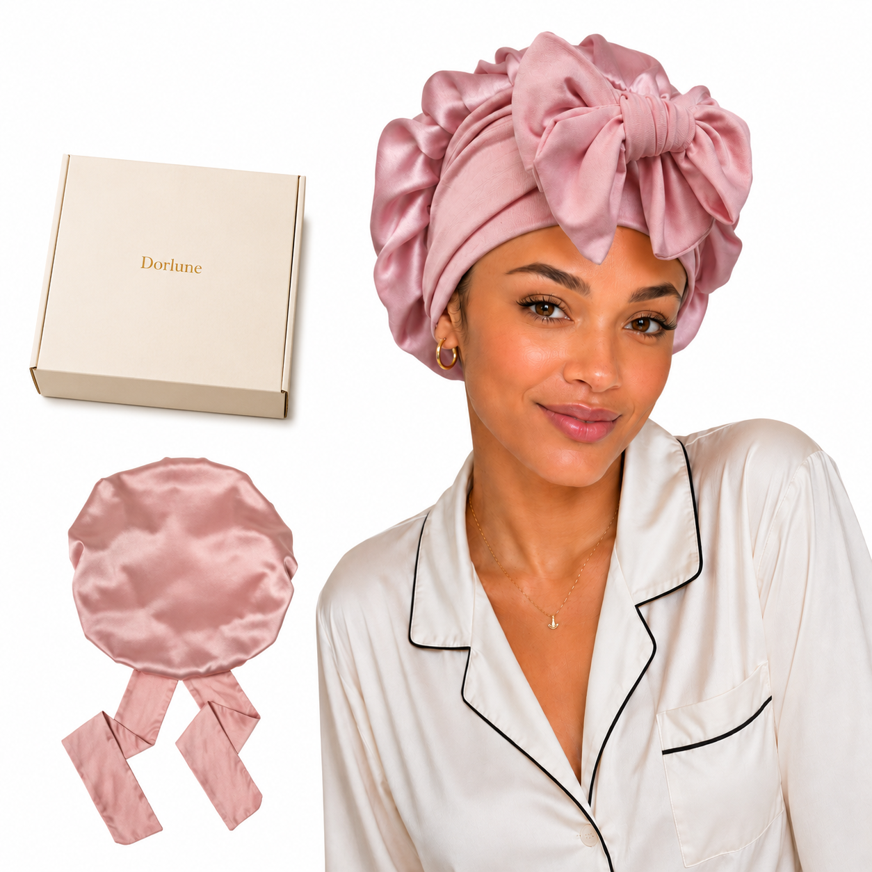 Confirmed Dorlune campaign image with the pink bonnet, presentation box, and model